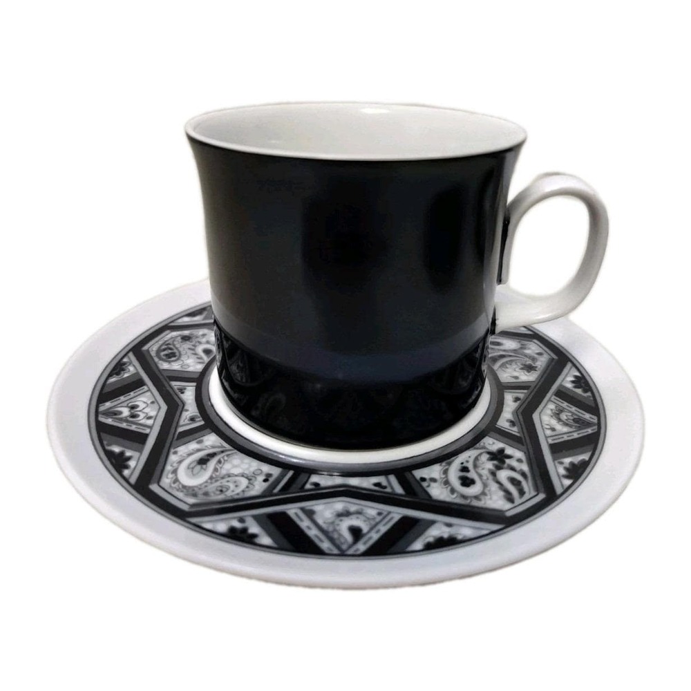 Vintage Sango Aquarius Japan Teacup Tea Cup & Saucer Set Limbo 202 Black Paisley